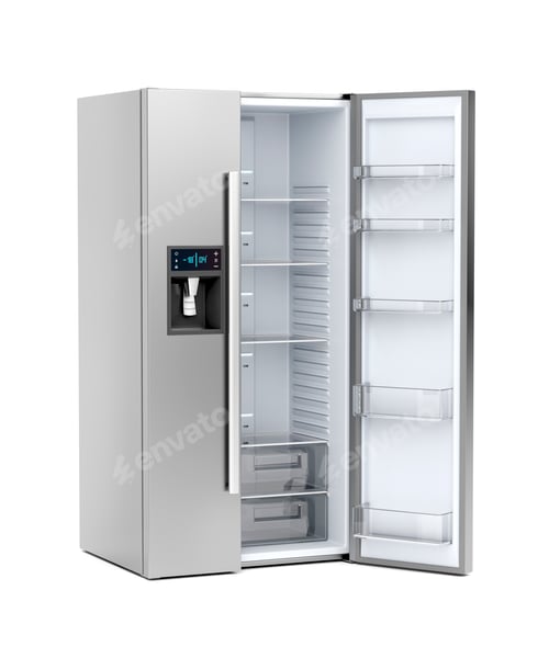 Preview: Modern Refrigerator with Open Door on White Background