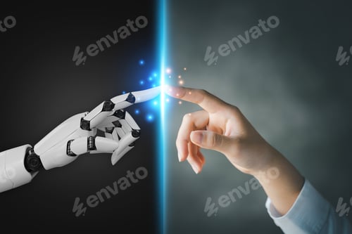 Preview: Robot and human hands pointing to each other.