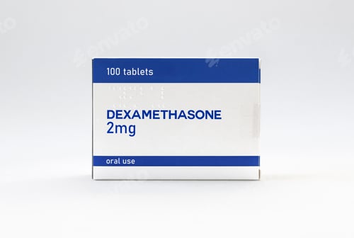 Preview: Box of Dexamethasone tablets on white background.