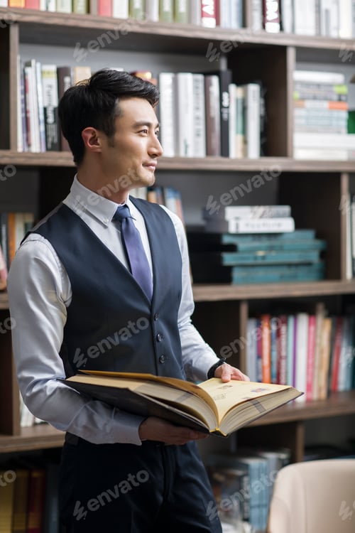Preview: Young businessman reading book in his study