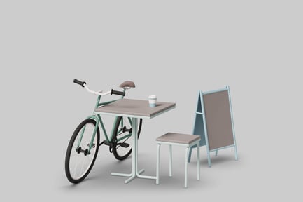 Preview: Minimalist table, chair, and bicycle with cup