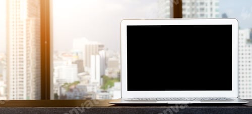 Preview: Computer, laptop with blank screen on wood table with office window view backgrounds.