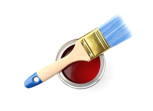 Preview: Paint can with brush on white background, top view