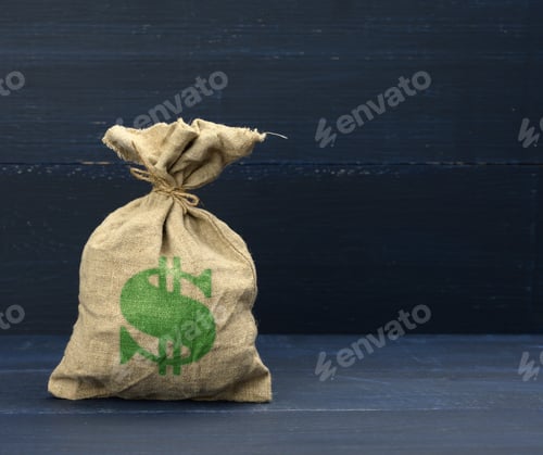 Preview: Brown full canvas bag with dollar symbol on blue background. Savings, loan and investment concept