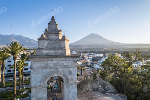 Preview: The church of Yanahuara in Arequipa, Peru overlooking two volcanoes