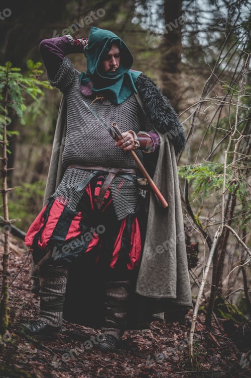 Preview: Man dressed in authentic medieval armor standing in the middle of forest