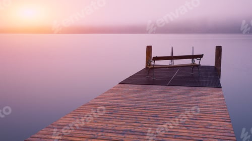 Preview: Empty footbridge with a bench on a lake Altausseer at sunrise