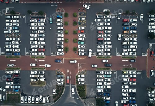 Preview: Parking lots are filling up again. High angle shot of a large parking lot in an urban city.