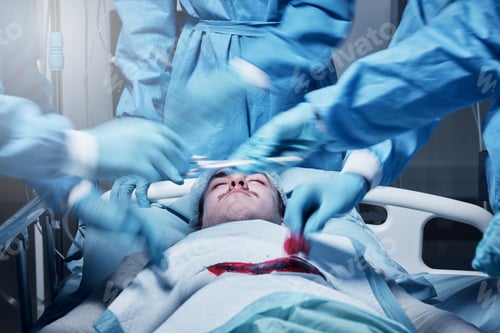 Preview: Surgery team, doctor and blood in medical hospital room for healthcare wellness, heart theater and