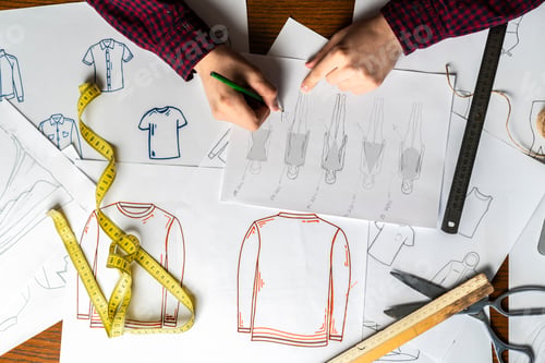 Preview: overhead top view designer doing clothes sketch f
