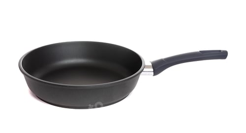 Preview: large kitchen homemade black frying pan with non-stick coating and black handle on an isolated