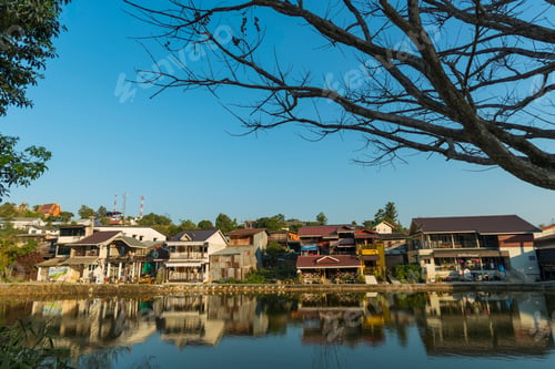 Preview: Lake and the village at Ban I-Tong, Pilok, Thong Pha Phum, Kanchanaburi, Thailand.