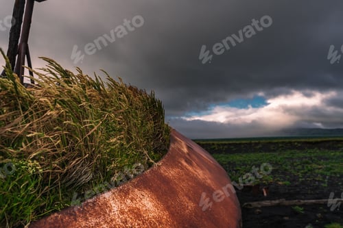 Preview: Washed up fishing vessel on the beach in Umnak, Alaska, its deck blanketed in lush grass