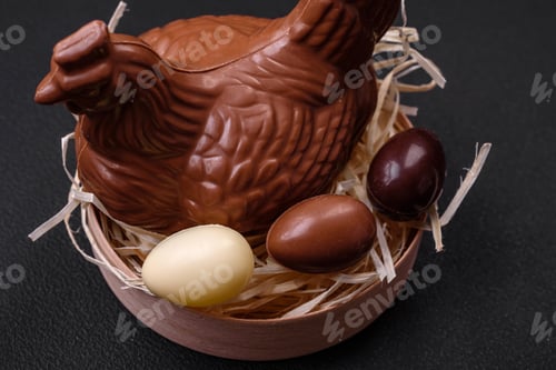 Preview: Chocolate Easter hen and eggs in a nest with straw
