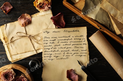 Preview: Vintage letters, letter with text and rose petals on wooden background, top view