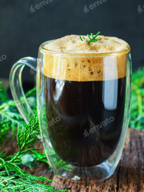 Preview: Cup Of Hot Coffee And Twigs Spruce On The Table, New Year Mood Menu Concept Serving Size. Food