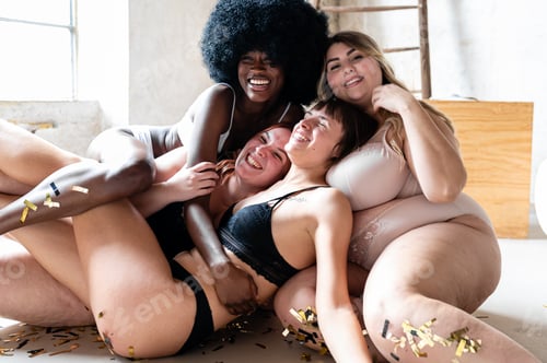 Preview: Body Positive and Acceptance message, diverse group of young women posing