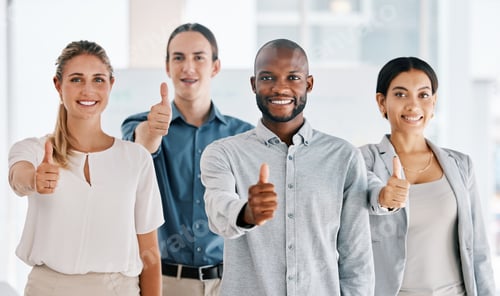 Preview: Thumbs up, motivation and support team with diversity business people in collaboration for agreemen