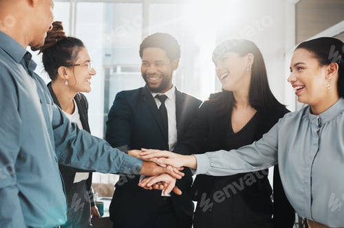 Preview: Business, staff and hands together for partnership, collaboration and happy for profit growth. Corp