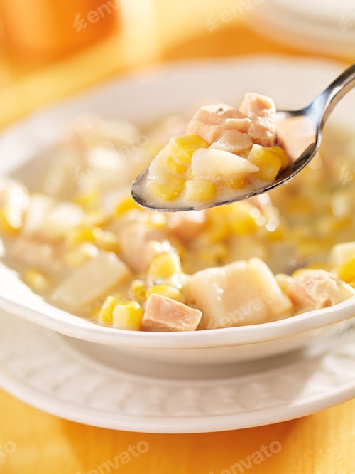Preview: spoonful of corn chowder close up