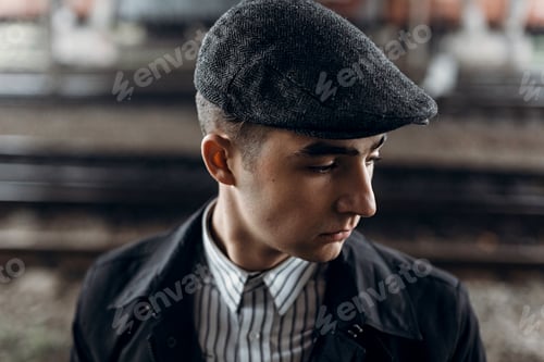 Preview: Stylish man posing on background of railway
