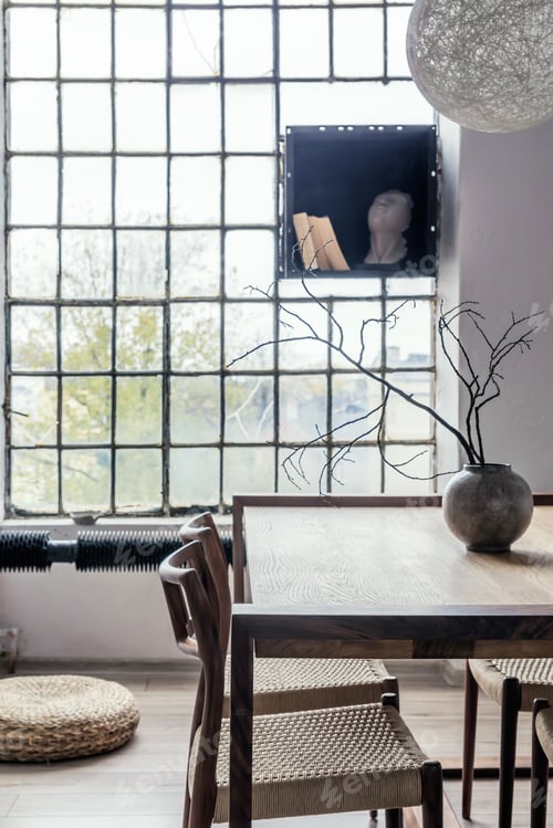 Preview: Stylish composition of modern dining room interior design with wooden table.