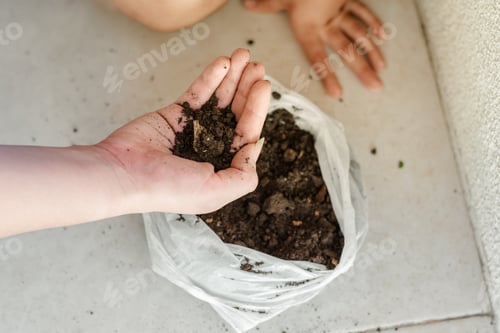 Preview: detail of a woman's hand grabbing earth from the sack to start planting