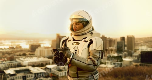 Preview: Woman, astronaut and phone for lost on planet earth in city, no signal, emergency protocol and spac