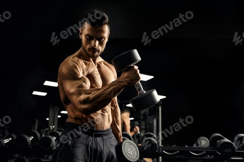 Preview: Muscular bodybuilder training biceps with dumbbell