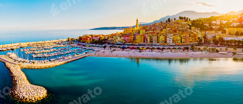 Preview: colorful old town Menton on french Riviera, France. Drone aerial view over Menton France Europe