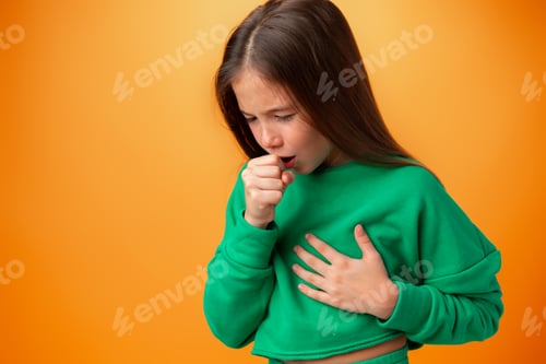 Preview: Teen girl wearing casual clothes feeling unwell and coughing against orange background