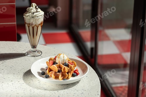 Preview: Waffles and Ice Cream with Milkshake Dessert
