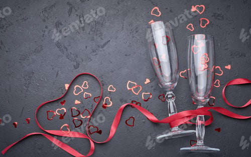 Preview: Valentine's day greeting card with champagne glasses and candy hearts on stone background. Top view