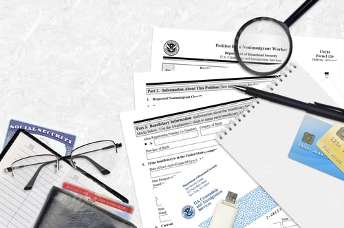 Preview: USCIS form I-129 Petition for a nonimmigrant worker lies on flat lay office table and ready to fill