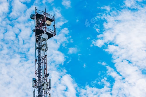 Preview: Aerial drone view of 5G telecommunication tower. Cell phone tower. Base transceiver station.
