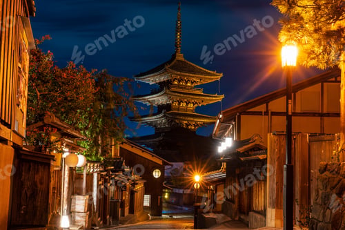 Preview: Scenic view of the beautiful Yasaka Tower captured from a street at night in Kyoto, Japan