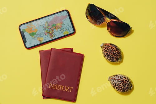Preview: Flat lay travel with passports, sunglasses, mobile phon.