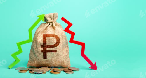 Preview: Russian ruble money bag and two arrows of profit loss. Income expense.