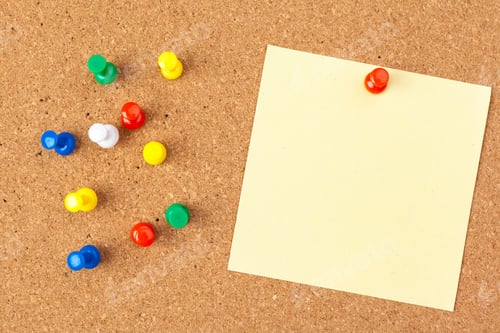 Preview: note paper pined on brown cork board background