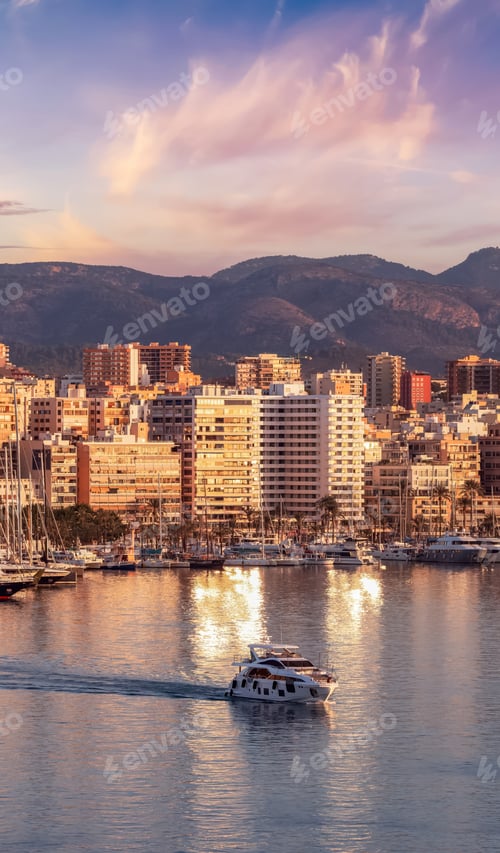 Preview: Boats in a Marina with Downtown City Buildings by Balearic Sea. Palma, Balearic Islands, Spain.