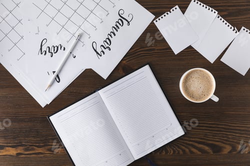 Preview: flat lay with empty notebook, calendar and cup of coffee on wooden surface
