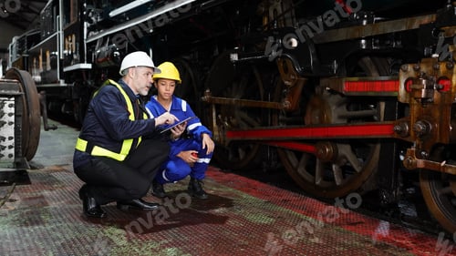 Preview: Instructor and apprentices at train in railway engineering facility. Factory indusrty Business.