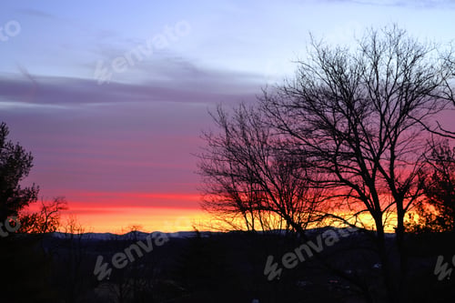 Preview: Colorful sunrise or sunset over the distant mountains as seen through the bare trees of winter.