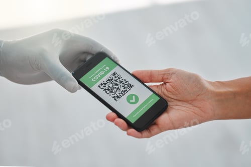 Preview: covid, qr code and vaccine passport at airport logistics for app database with digital signage at t
