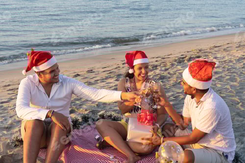 Preview: Friends toasting with champagne celebrating christmas on the beach