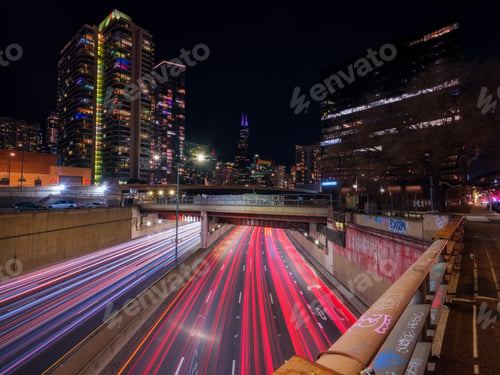 Preview: Night downtown Chicago highway with long exposure