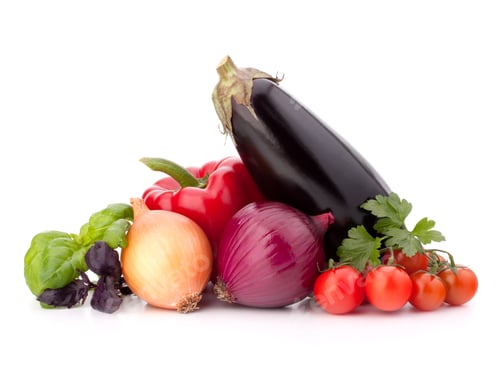 Preview: Sweet pepper, onion, tomato, eggplant and basil leaves still life