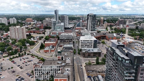 Preview: Aerial view of an urban suburb in Waterloo city on a cloudy daytime in, Ontario, Canada
