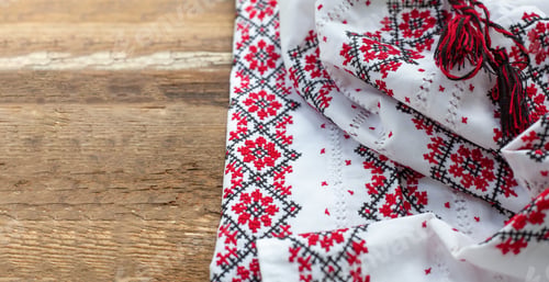 Preview: Ukrainian clothes embroidered white shirt. Red and black threads on a wooden background. Vyshyvanka