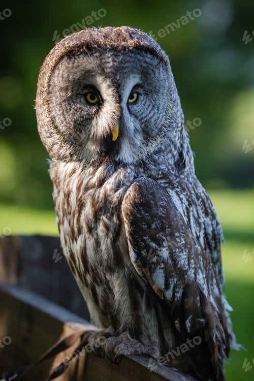 Preview: A large bearded owl sits on a fence in a park. Close-up portrait of an adult owl